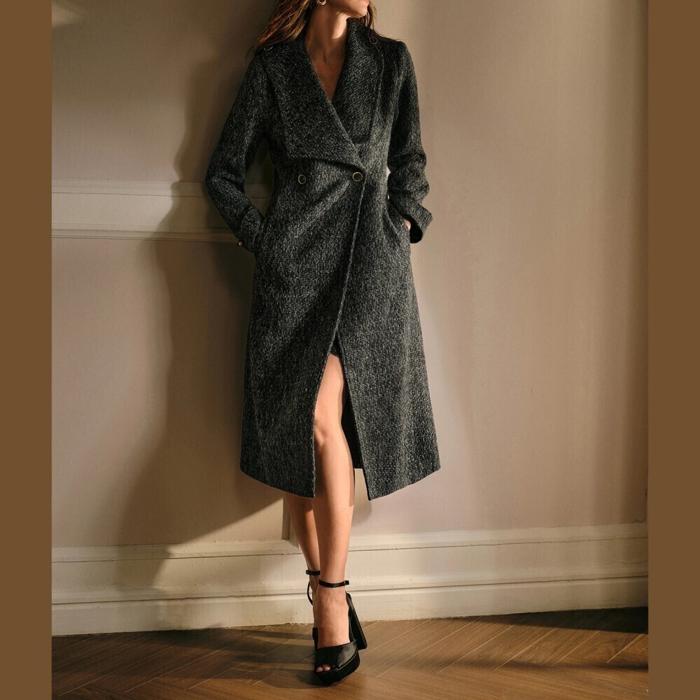 Charcoal Tweed Shawl Collar Double Breasted Midi Coat